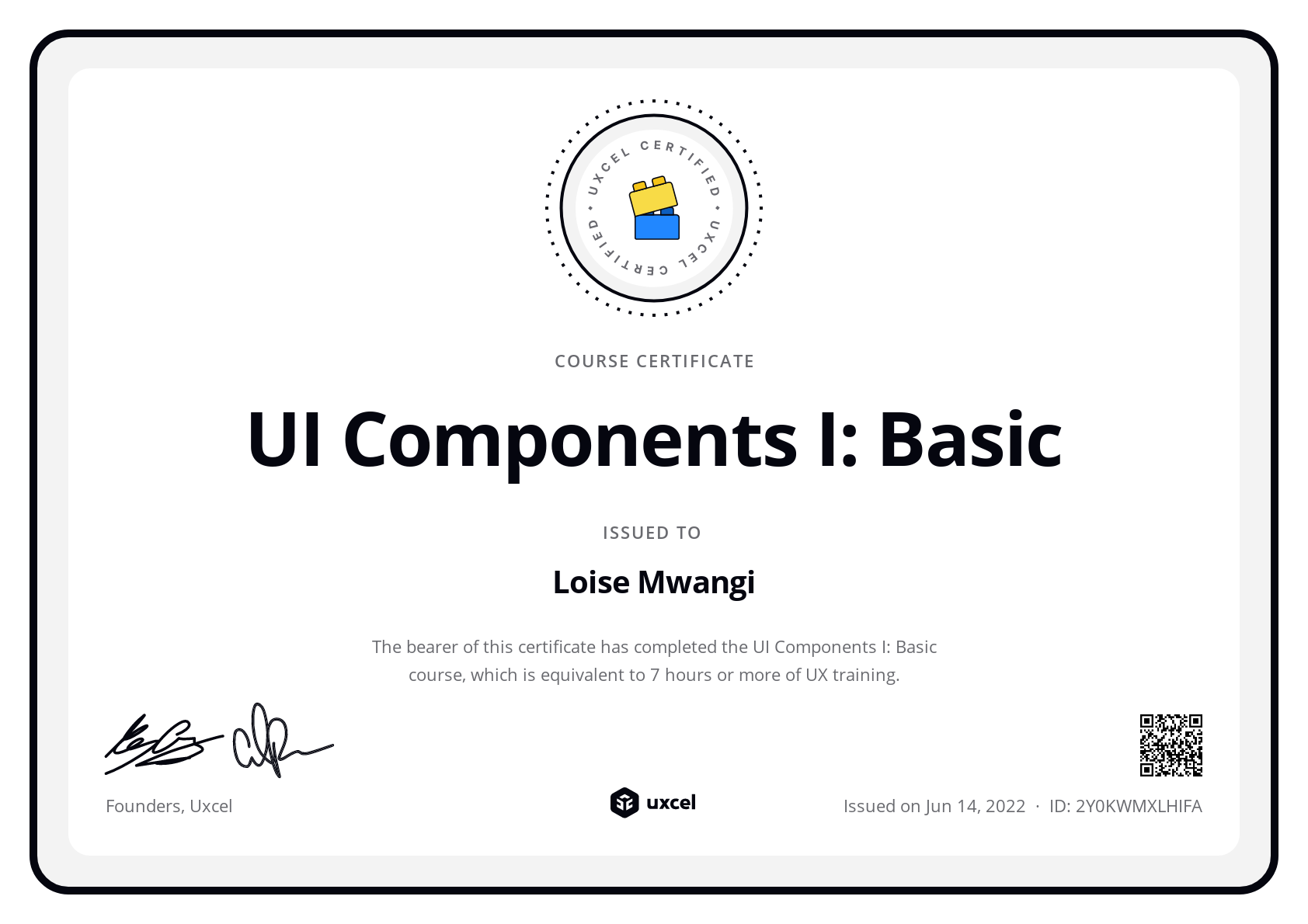 Loise Mwangi's certificate